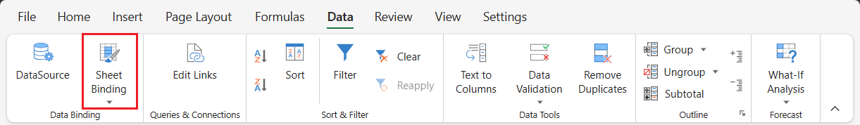 SpreadJS Designer displays the Field List panel after the developer selects Sheet Binding from the Data tab.