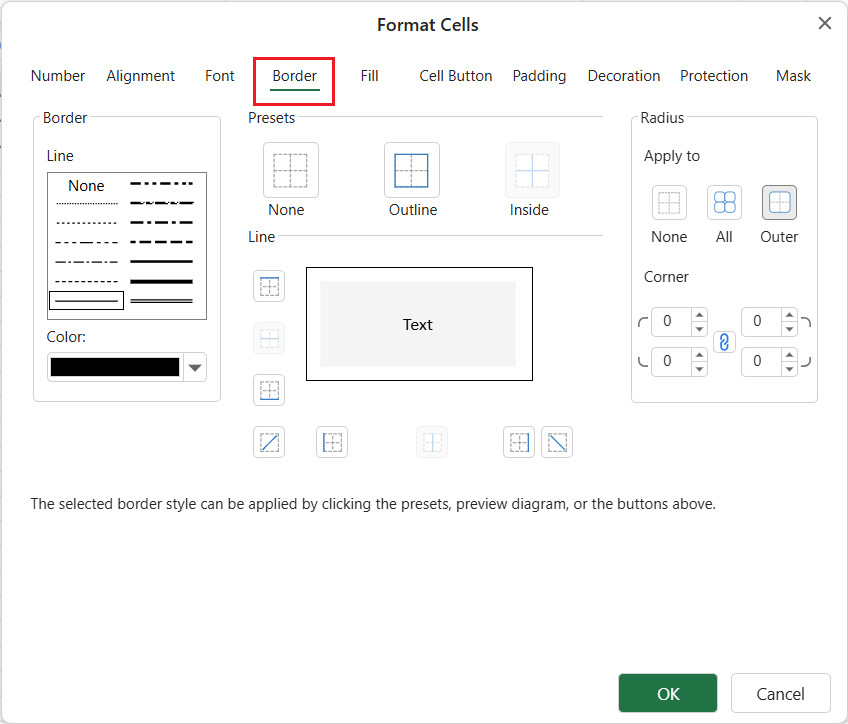 SpreadJS Designer Format Cells dialog on the Border tab, containing line style, color, preset, preview, individual border, and radius controls.