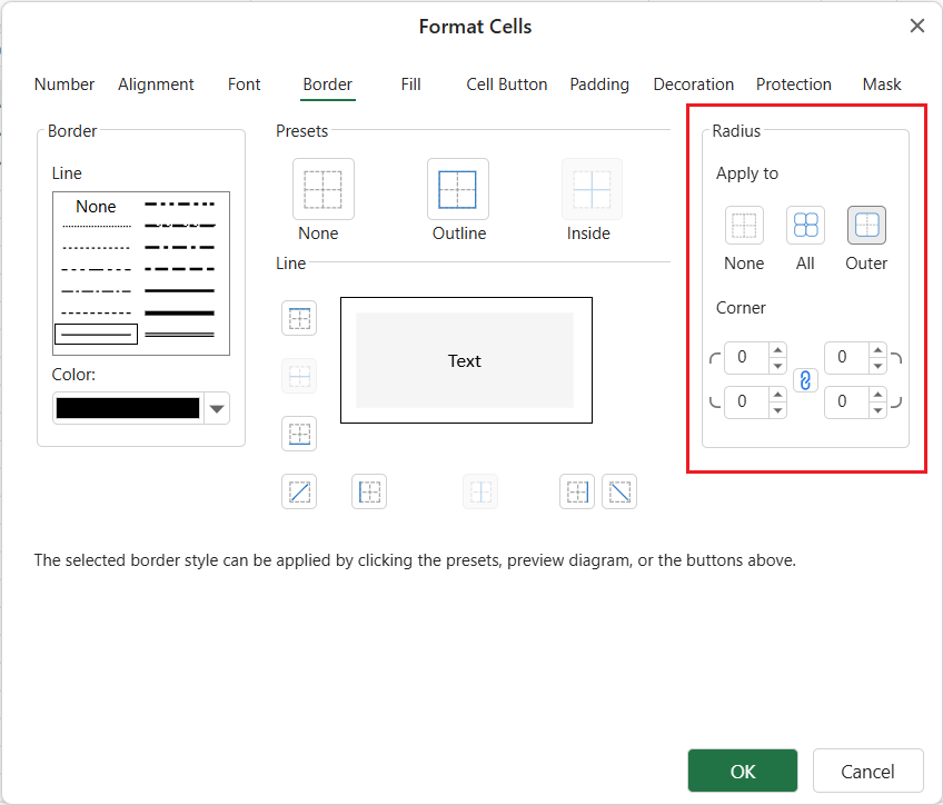 SpreadJS Designer Radius group providing Apply to scope, four corner value editors, and a link control for configuring rounded worksheet borders.