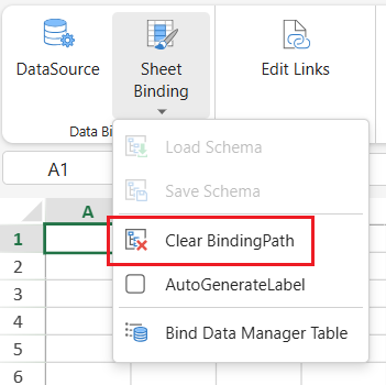 SpreadJS Designer Sheet Binding menu provides the Clear BindingPath command for removing binding metadata from selected worksheet cells.