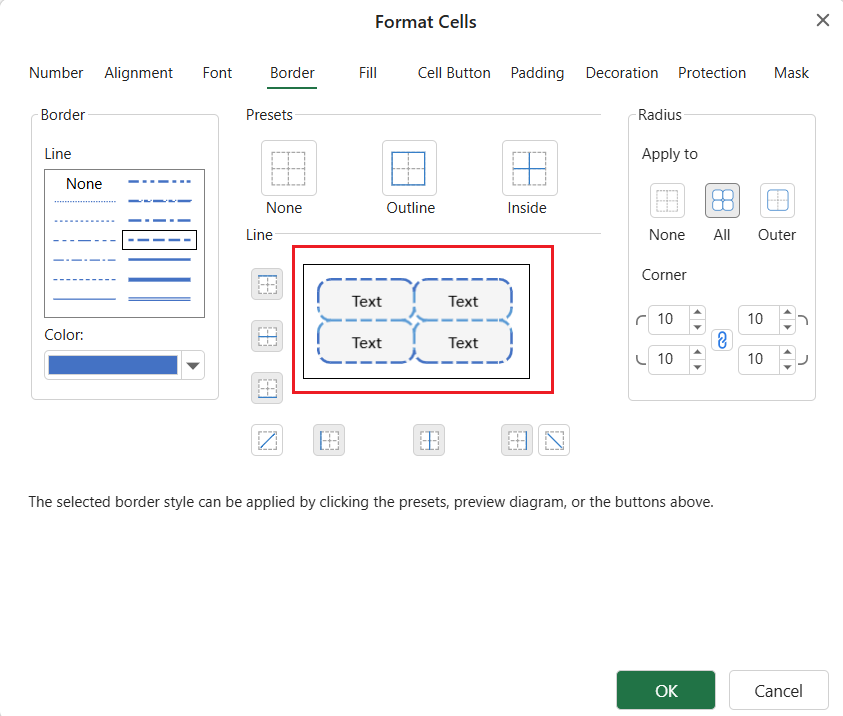 SpreadJS Designer Border tab preview diagram reflecting the selected line styles, border positions, presets, corner radius values, and Apply to scope.