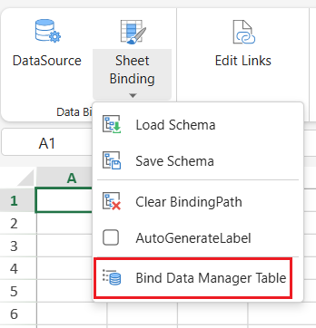 SpreadJS Designer Bind Data Manager Table dialog provides a table selector for choosing the worksheet Data Manager binding source.