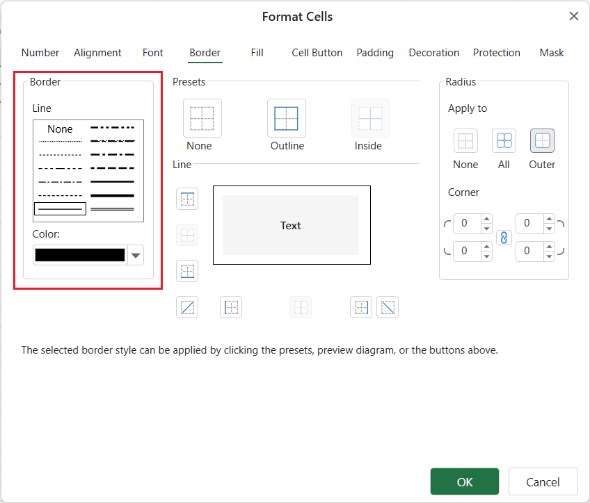 SpreadJS Designer Border tab Line area where developers select a line pattern and color before applying borders to worksheet cells.