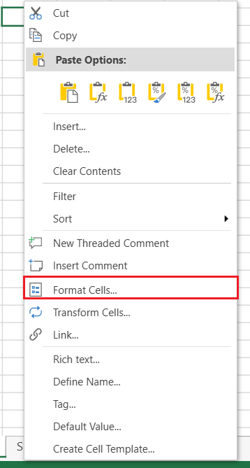 SpreadJS Designer worksheet context menu showing the Format Cells command used to open border settings for a selected cell, range, or header area.