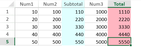 SpreadJS bound worksheet includes unbound Subtotal and Total columns that calculate row values with SUBTOTAL formulas using R1C1 references.