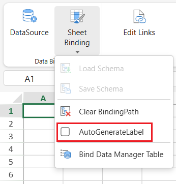 SpreadJS Designer Sheet Binding menu provides the AutoGenerateLabel command for creating labels beside newly bound worksheet cells.