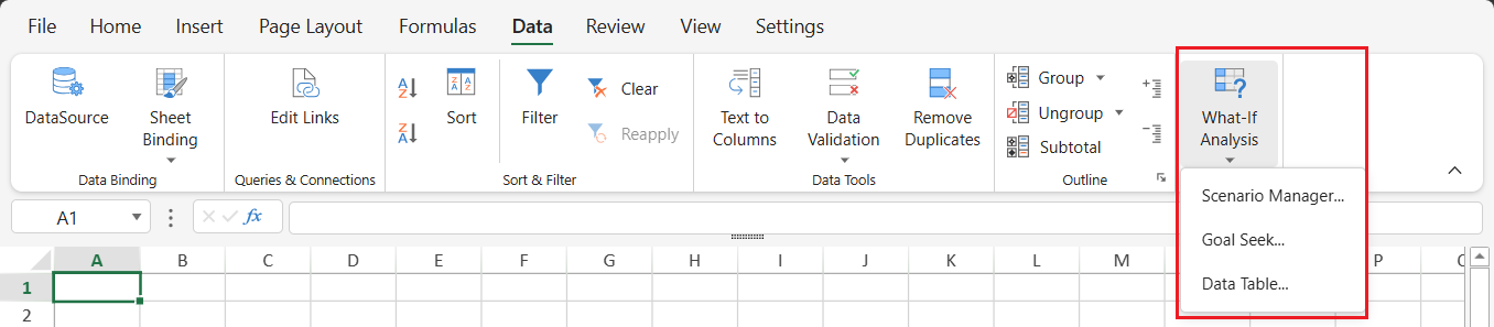 SpreadJS Designer displays the What-If Analysis menu on the Data tab with Scenario Manager, Goal Seek, and Data Table commands.