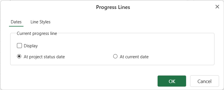 SpreadJS Designer Progress Lines dialog displays Dates options for enabling the overlay and selecting the project status or current date.