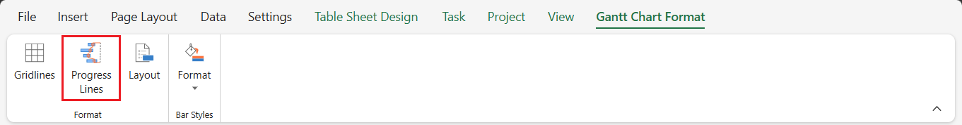 SpreadJS Designer provides the Progress Lines command in the GANTT CHART FORMAT tab for configuring a task-progress analysis overlay.