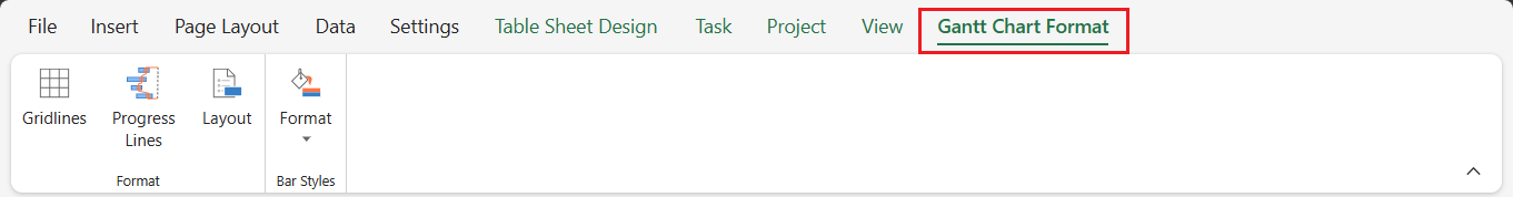 SpreadJS Designer displays the GANTT CHART FORMAT tab with Format and Bar Styles controls for customizing the active GanttSheet.