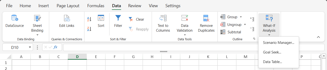 SpreadJS Designer displays the What-If Analysis menu with Scenario Manager, Goal Seek, and Data Table commands for evaluating worksheet assumptions.