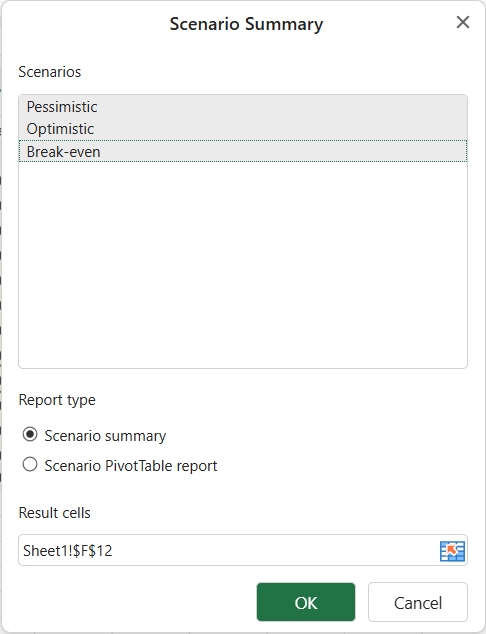SpreadJS Designer Scenario Summary dialog allows developers to select scenarios, choose a report type, and specify result cells.