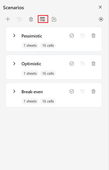 SpreadJS Designer Scenarios panel provides a Summary command for generating a worksheet report from selected scenarios and result cells.