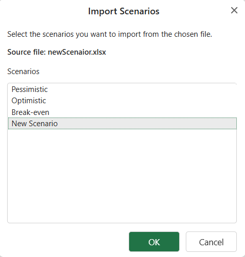 SpreadJS Designer Merge Scenarios dialog allows developers to select scenarios imported from an SJS, SSJSON, or Excel file.