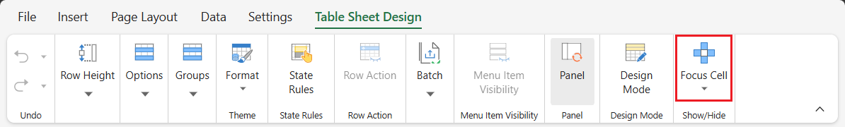 SpreadJS Designer ribbon showing Focus Cell commands available from the TableSheet and GanttSheet design tabs.