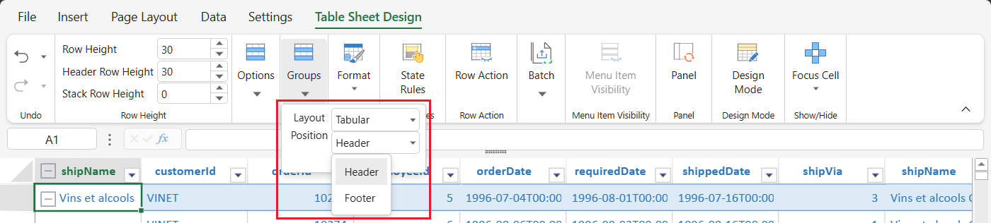 SpreadJS Designer TABLE SHEET DESIGN tab showing the Group Layout Position dropdown with Header and Footer options for grouped TableSheet data.