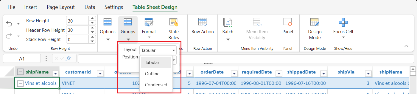 SpreadJS Designer TABLE SHEET DESIGN tab showing the Group Layout dropdown with Tabular, Outline, and Condensed layout options for grouped TableSheet data.