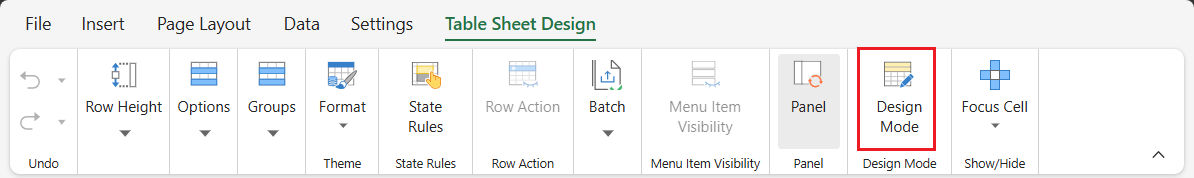 SpreadJS Designer TABLE SHEET DESIGN tab showing the Design Mode ribbon button for editing free header areas and multiple TableSheet headers.