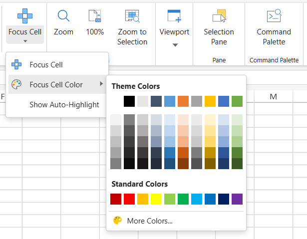 SpreadJS Designer Focus Cell dropdown showing commands for Focus Cell, Focus Cell Color, and Show Auto-Highlight for Find and Replace navigation.