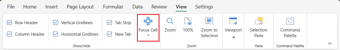 SpreadJS Designer View tab showing the Focus Cell command in the Show/Hide group for enabling or disabling Focus Cell.