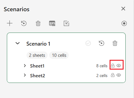 SpreadJS Designer Scenarios panel displays protection controls for configuring the locked and hidden states of worksheet-level scenario entries.