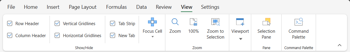 SpreadJS Designer VIEW tab showing commands to hide or show headers, gridlines, tab strip, new tab option, zoom, and freeze rows or columns.