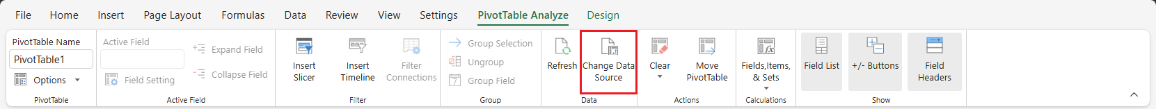 SpreadJS Designer displays the PIVOTTABLE ANALYZE tab with Data commands for refreshing a PivotTable or changing its current data source.