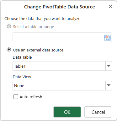 SpreadJS Designer Change PivotTable Data Source dialog allows developers to select or modify the worksheet range used by the active PivotTable.