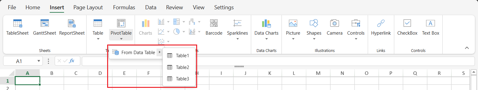 SpreadJS Designer expands the From Data Table submenu to list available Data Manager tables for quickly creating a PivotTable on a new worksheet.