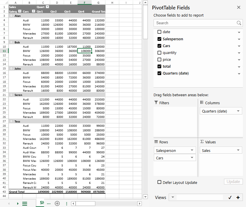SpreadJS PivotTable hides subtotal rows for the salesperson field after the subtotalVisible method is set to false, leaving detail and grand total results.