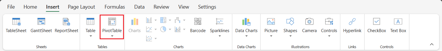 SpreadJS Designer displays the PivotTable command in the Tables group of the INSERT ribbon tab for starting a PivotTable creation workflow.