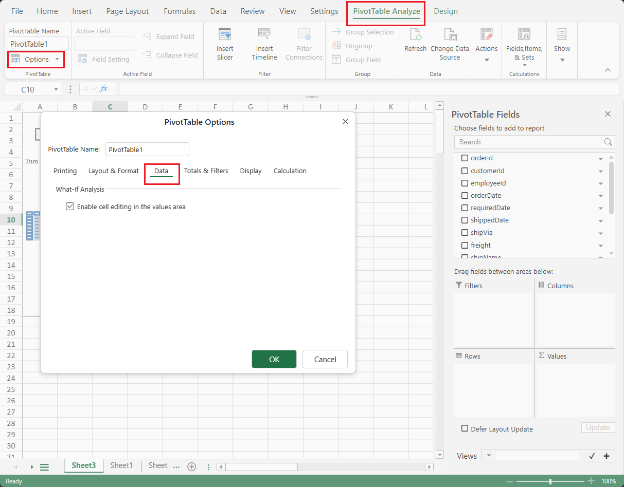 SpreadJS Designer property panel shows the enableDataValueEditing option enabled so users can overwrite numeric PivotTable data-area values at runtime.