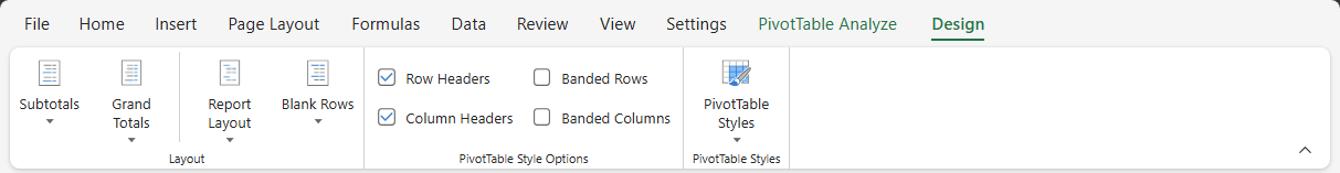 SpreadJS Designer displays the Pivot Table Design tab with layout and style commands for presenting summarized worksheet data.