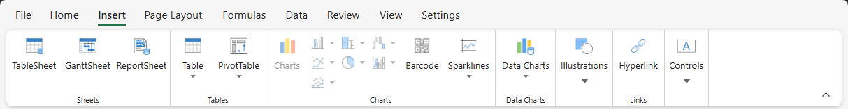 SpreadJS Designer displays the INSERT tab with commands for adding tables, slicers, pictures, sparklines, and other worksheet UI elements.