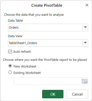 SpreadJS Designer Create PivotTable dialog lets developers choose a Data Manager table or view, enable Auto refresh, and select the report placement.