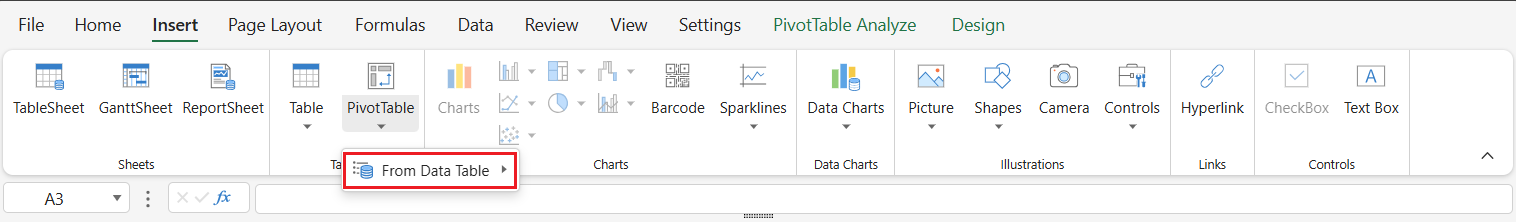 SpreadJS Designer opens the PivotTable drop-down menu and presents the From Data Table command for creating a report from a Data Manager source.