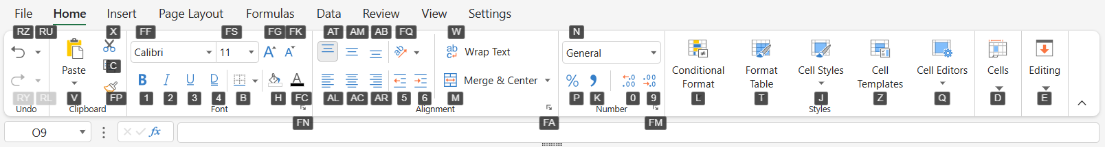 SpreadJS Designer displays Ribbon KeyTip labels after keyboard activation, providing access to the File Menu and visible Ribbon tabs.