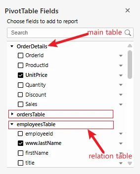 SpreadJS PivotTable Fields section groups DataManager View fields by main and related tables, helping developers select fields from a multi-table data source.