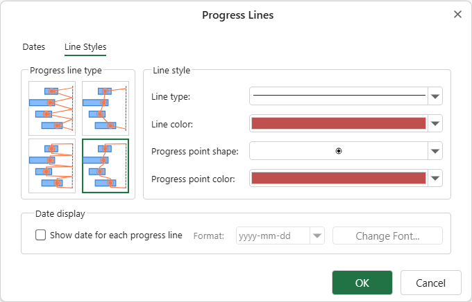 SpreadJS Designer Progress Lines dialog provides Line Styles settings for routing, color, progress points, and reference-date label formatting.
