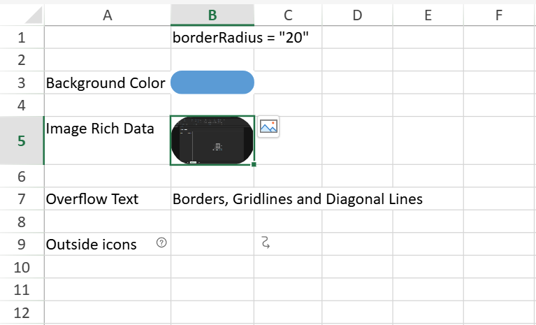 SpreadJS cells demonstrating rounded-border clipping for backgrounds and main cell content while overflow text and outside icons remain visible beyond cell boundaries.