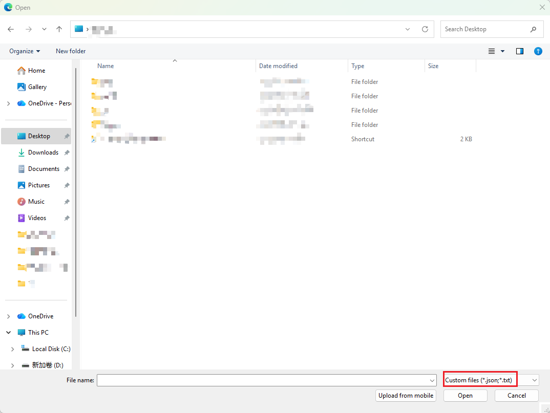 SpreadJS Designer opens a local file selection dialog for loading JSON or text schema definitions into the Field List panel.