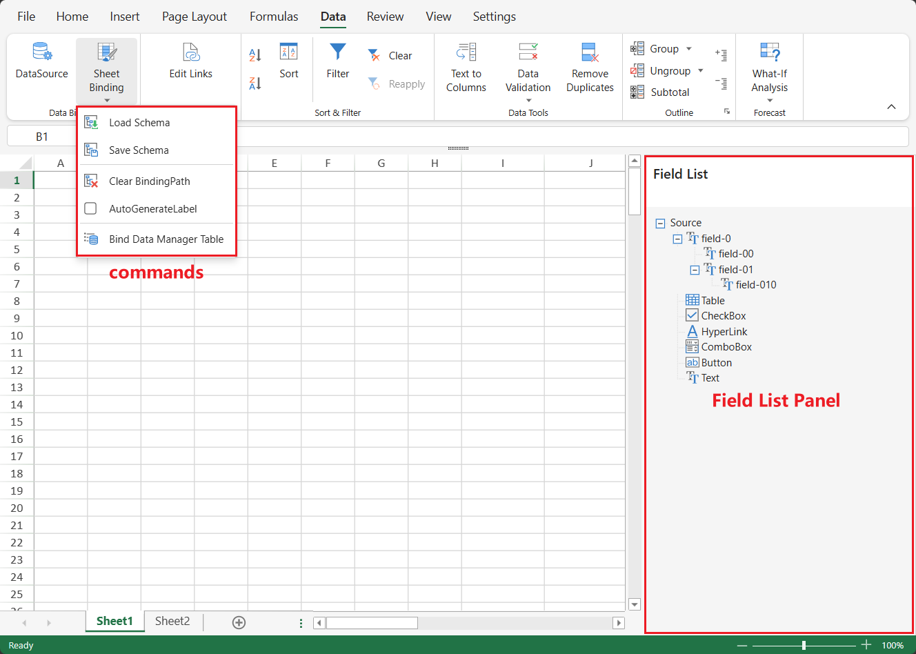 SpreadJS Designer presents Sheet Binding commands on the ribbon and the Field List panel beside the worksheet layout.
