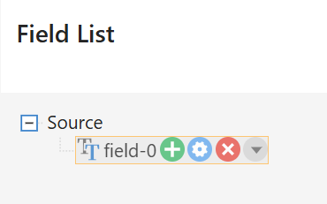 SpreadJS Designer Field List panel shows an expanded Source node with a field and controls for adding, configuring, deleting, or changing its option.