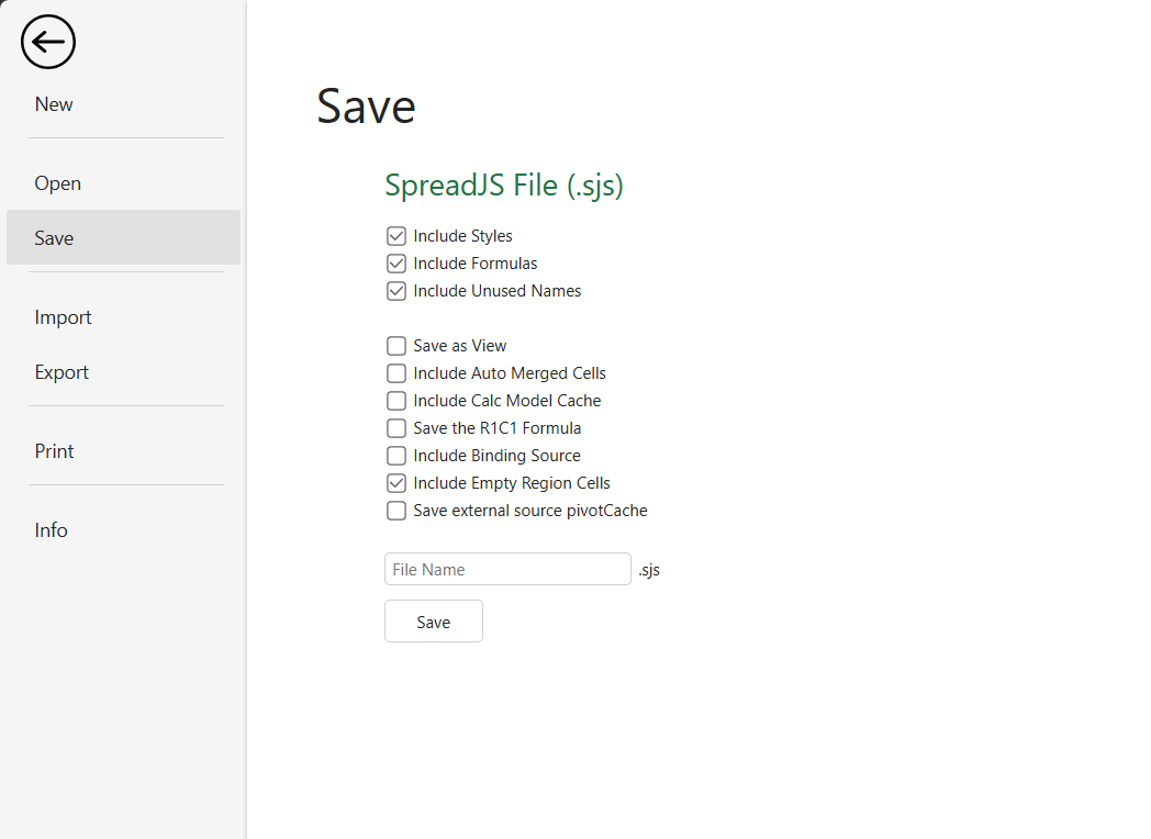 SpreadJS Designer File tab displays workbook save and export options for preserving worksheet layout, labels, and binding paths.