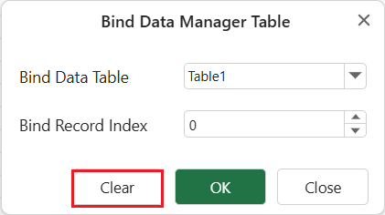 SpreadJS Designer Bind Data Manager Table dialog includes a Clear command for removing the sheet’s current table binding source.