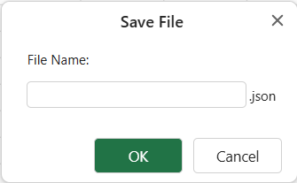 SpreadJS Designer displays the Save File dialog for naming and exporting current Field List definitions as a JSON schema.