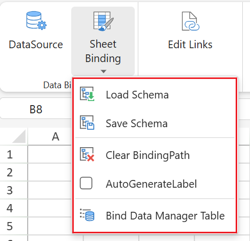 SpreadJS Designer opens the Sheet Binding command menu for managing schemas, binding paths, labels, and Data Manager binding.
