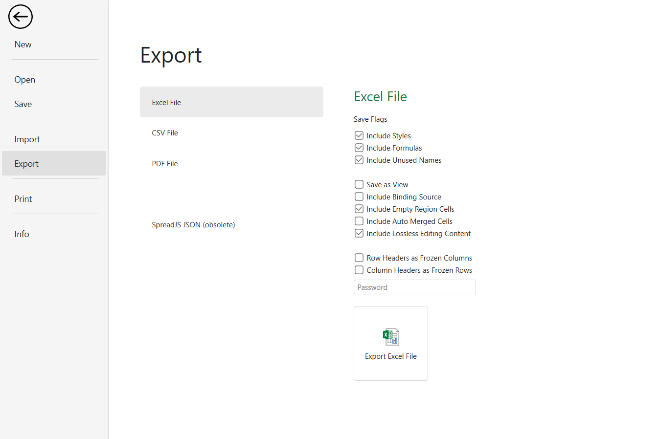 SpreadJS Designer displays an export interface for saving the designed workbook layout and reusing its binding paths at runtime.