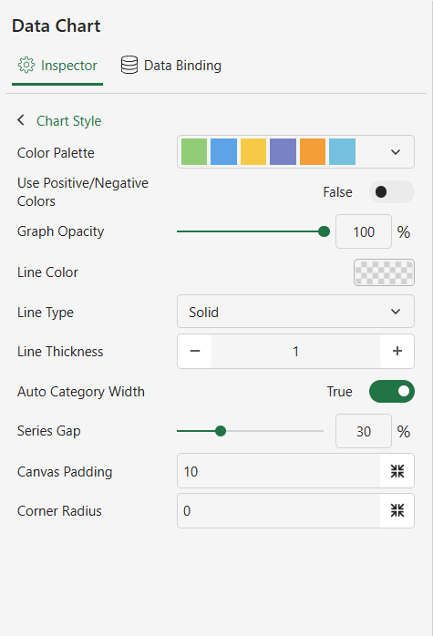 SpreadJS Designer provides a positive-and-negative color option that assigns the first two palette colors according to Data Chart values.