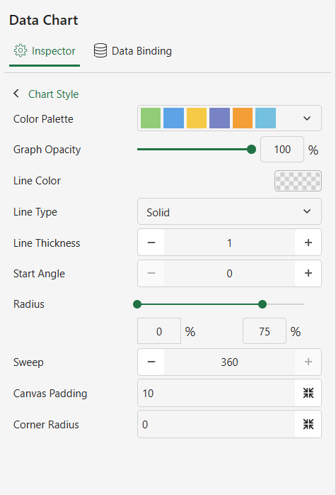 SpreadJS Designer provides start angle, radius, sweep, and corner radius controls for customizing pie and doughnut Data Chart segments.